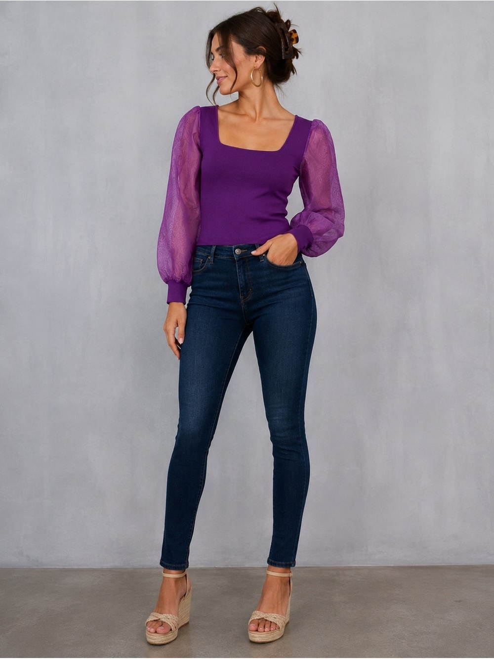 Revolve‎ House of Harlow Chiffon Organza Puff Sleeve Cropped Blouse Purple.